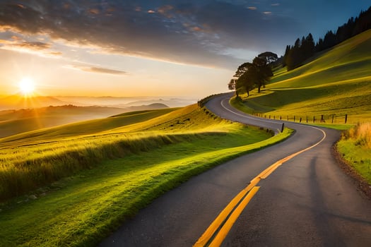 a winding road in the middle of a green field. AI-Generated photo
