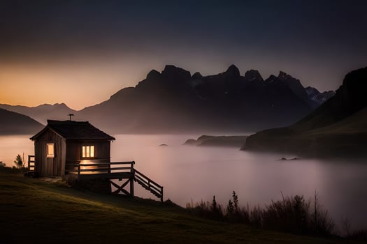 a small cabin sits on the edge of a lake at sunset. AI-Generated photo