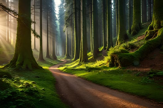 photo wallpaper forest, the sun, trees, path, path, forest, trees, path,. AI-Generated
