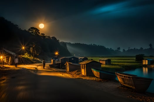 a boat is parked on the shore at night. AI-Generated photo