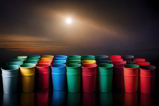 a row of colorful cups on a table with a sun in the background. AI-Generated photo