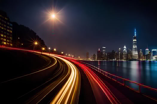 a long exposure photograph of a city skyline at night. AI-Generated photo