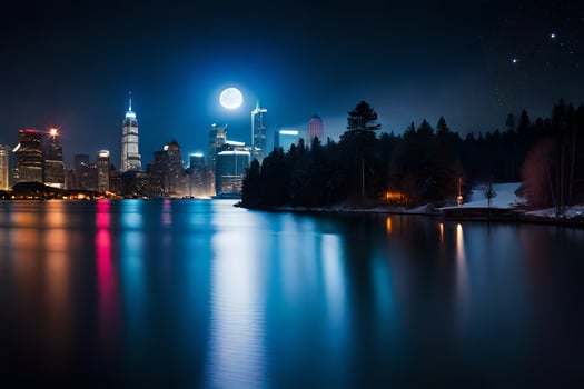 a city skyline at night with a full moon. AI-Generated photo