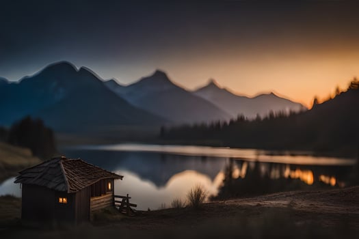 a small cabin sits on the shore of a lake at sunset. AI-Generated photo