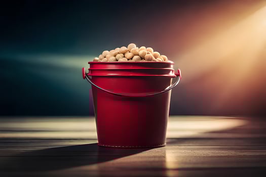 a red bucket filled with peanuts on a wooden table. AI-Generated photo
