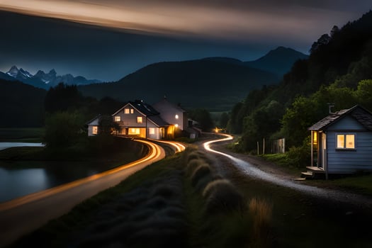 a long exposure photo of a house and road in the mountains. AI-Generated