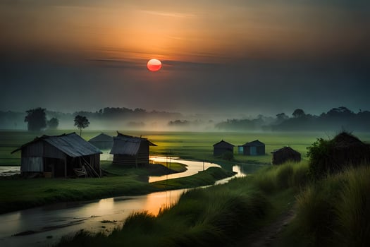 the sun rises over a small village in the middle of a field. AI-Generated photo