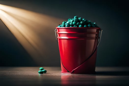 a red bucket filled with green pills. AI-Generated photo