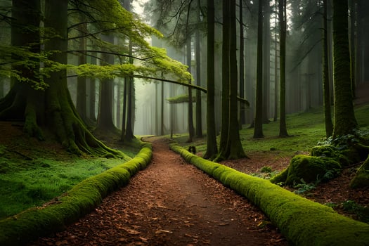 a path through a forest with mossy trees. AI-Generated photo