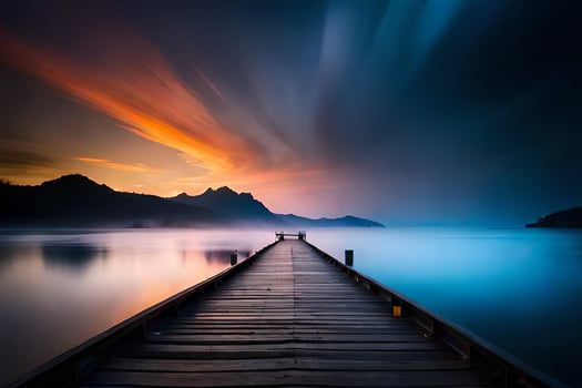a long pier stretching into the water at sunset. AI-Generated photo