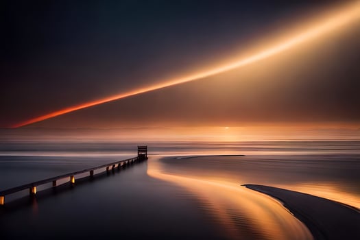 a long exposure photograph of a pier at sunset. AI-Generated photo