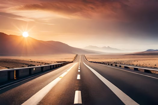 the sun rises over the desert and the road. AI-Generated photo