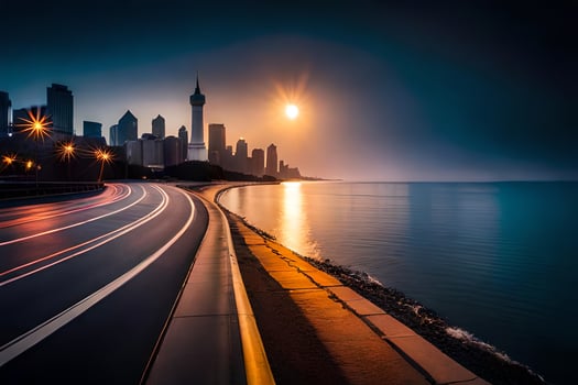 a city skyline with a full moon in the background. AI-Generated photo