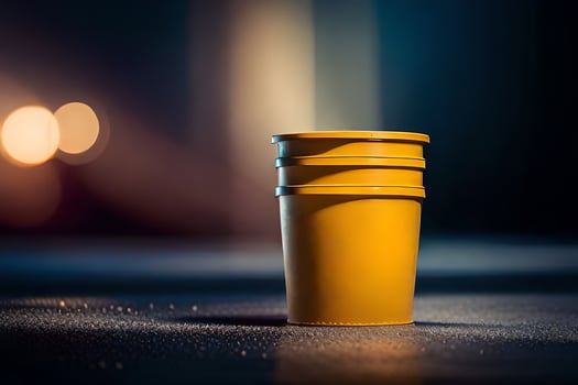 a yellow plastic cup sitting on the ground. AI-Generated photo