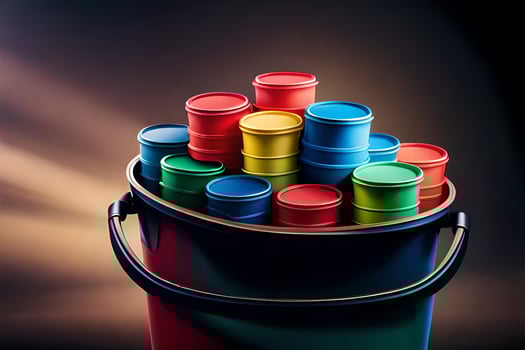 a bucket filled with colorful plastic cups. AI-Generated photo