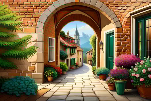 an illustration of a street with flowers and a house. AI-Generated photo