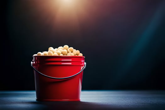 a red bucket filled with peanuts on a dark background. AI-Generated photo