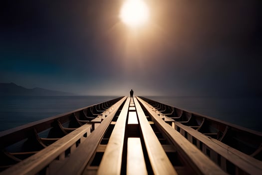 a long wooden pier with a man standing on it. AI-Generated photo