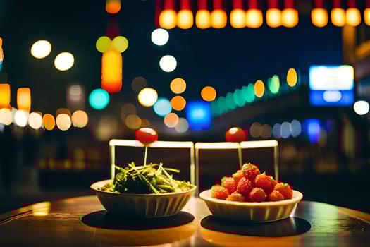 two bowls of food on a table in front of a city street. AI-Generated photo