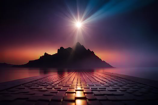 a path leading to a mountain with a bright light shining above it. AI-Generated photo