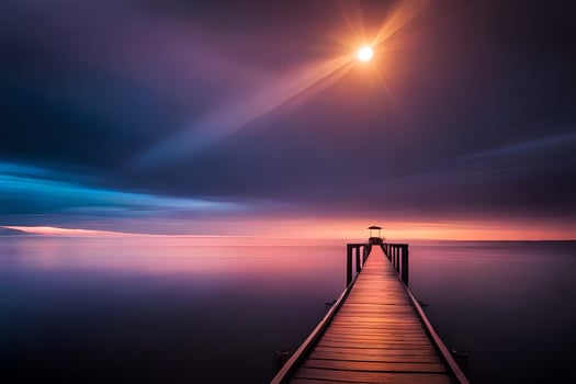 a pier in the ocean at sunset. AI-Generated photo
