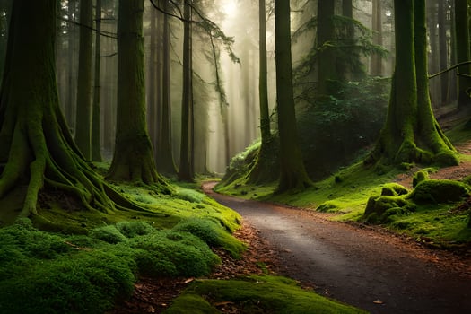 a path through a green forest with mossy trees. AI-Generated photo