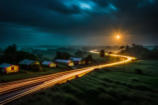 a long exposure photograph of a road at night with light trails. AI-Generated photo