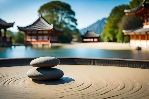 a stone in the middle of a pond with a building in the background. AI-Generated photo