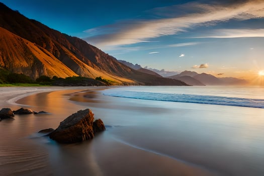 the sun rises over the ocean and mountains in this beautiful beach photo. AI-Generated photo