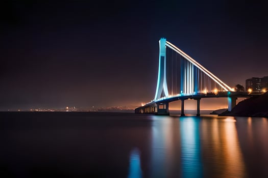 a bridge spanning the water at night with lights on. AI-Generated photo