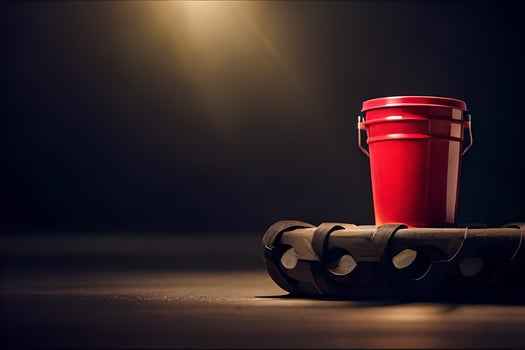 a red bucket sitting on top of a wooden table. AI-Generated photo