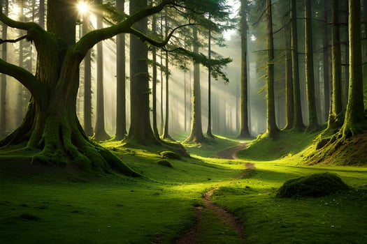 a path through a forest with trees and grass. AI-Generated photo