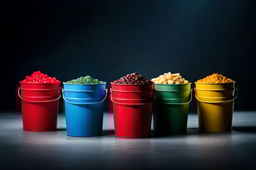 a row of colorful buckets with different colored beans. AI-Generated photo