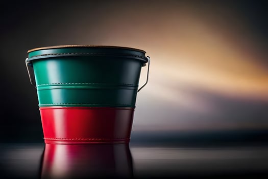 a red and green bucket sitting on a table. AI-Generated photo