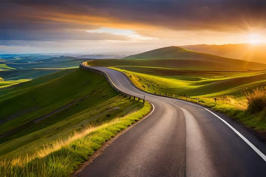 the sun sets over a winding road in the middle of a green valley. AI-Generated photo