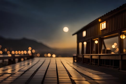 photo wallpaper the sky, night, the moon, the house, the dock, the light,. AI-Generated