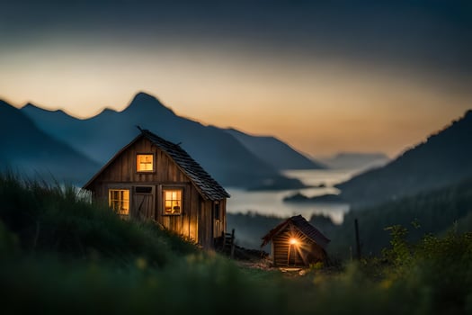 photo wallpaper the sky, mountains, house, the light, the mountains, the house, the. AI-Generated