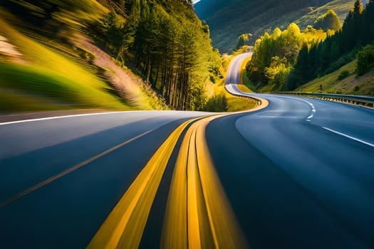 a blurry image of a road with yellow lines. AI-Generated photo