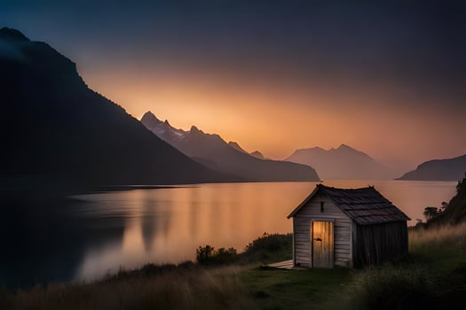 the hut by the lake. AI-Generated photo