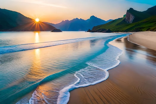 the sun sets over a beach and mountains. AI-Generated photo