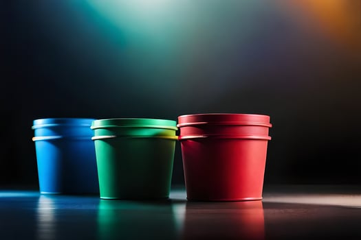 three colorful plastic buckets on a dark surface. AI-Generated photo