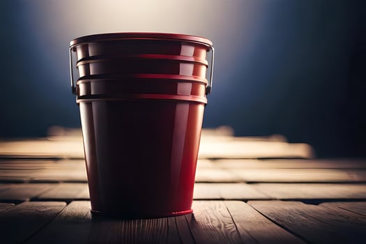 a red bucket sitting on a wooden table. AI-Generated photo