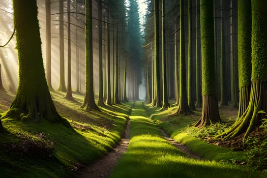 a path through a forest with trees and grass. AI-Generated photo