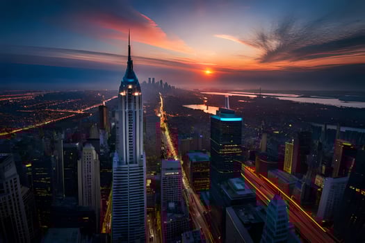 the sun sets over the city skyline. AI-Generated photo