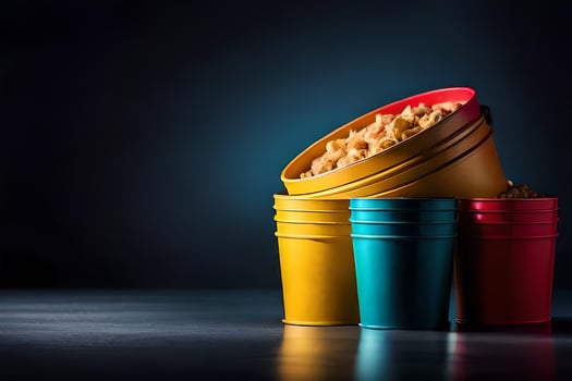 three colorful buckets with popcorn on a dark background. AI-Generated photo