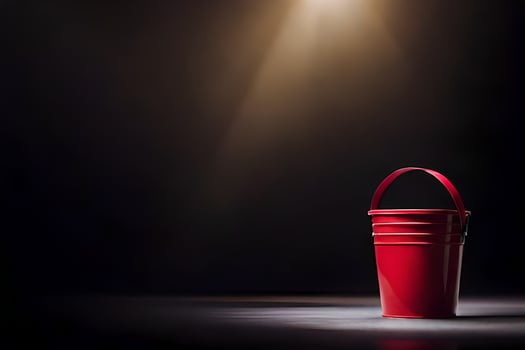 a red bucket on a dark floor with a spotlight. AI-Generated photo