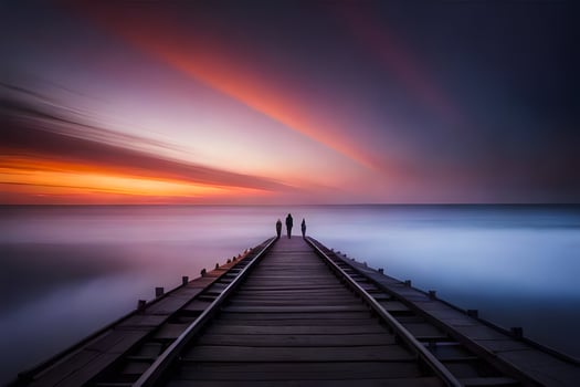 a man and woman walk along a pier at sunset. AI-Generated photo
