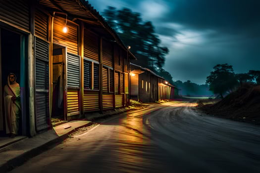 a woman walks down the street at night. AI-Generated photo