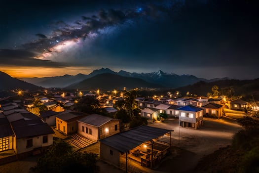 the milky way over a village at night. AI-Generated photo