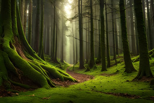 a path through a forest with mossy trees. AI-Generated photo